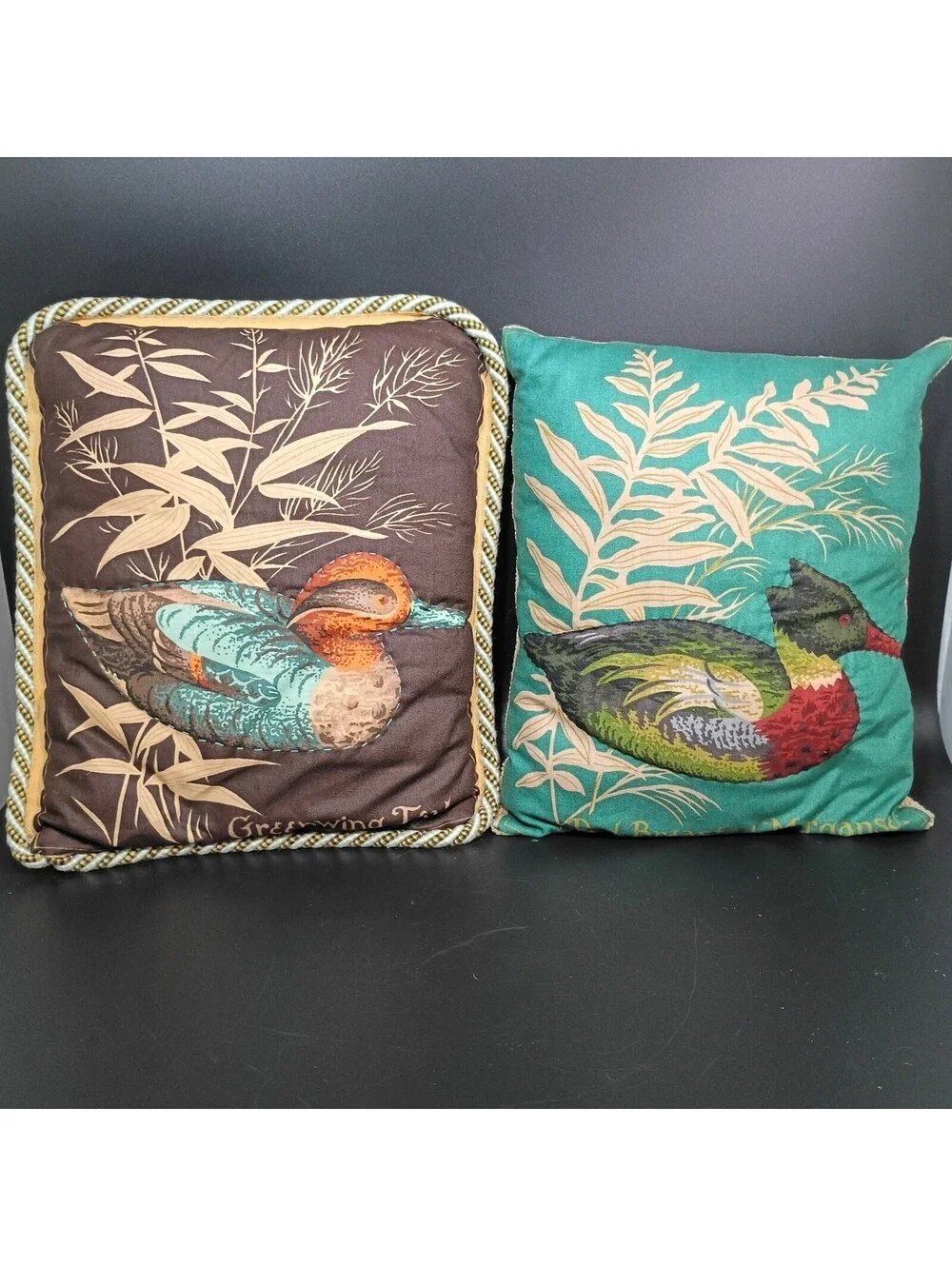 Vtg Ducks Tapestry Duck Pillows Set 2 Signed  Cabin Farmhouse Lodge